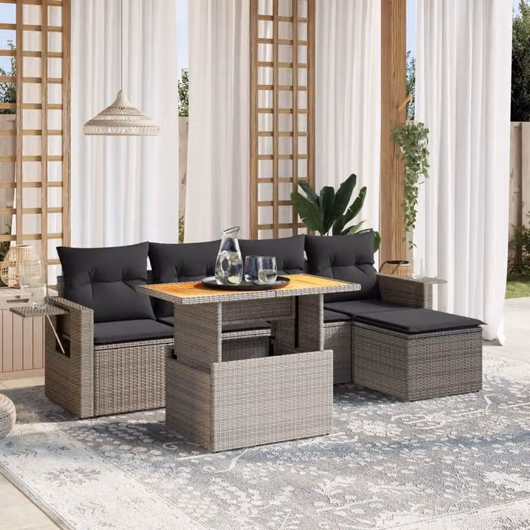 vidaXL Set Divano da Giardino 6 pz a L in Polyrattan Grigio con Cuscini e Ottoman