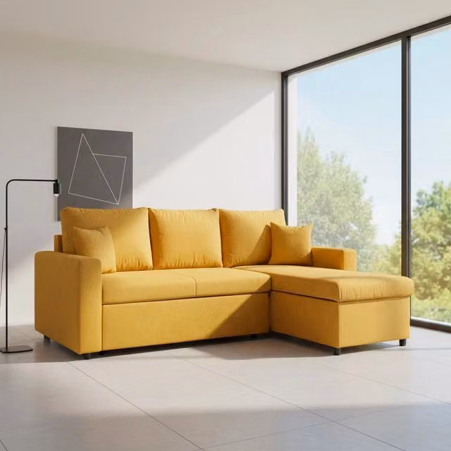 Divano con penisola reversibile funzione letto Golf tessuto senape 225x148x91H