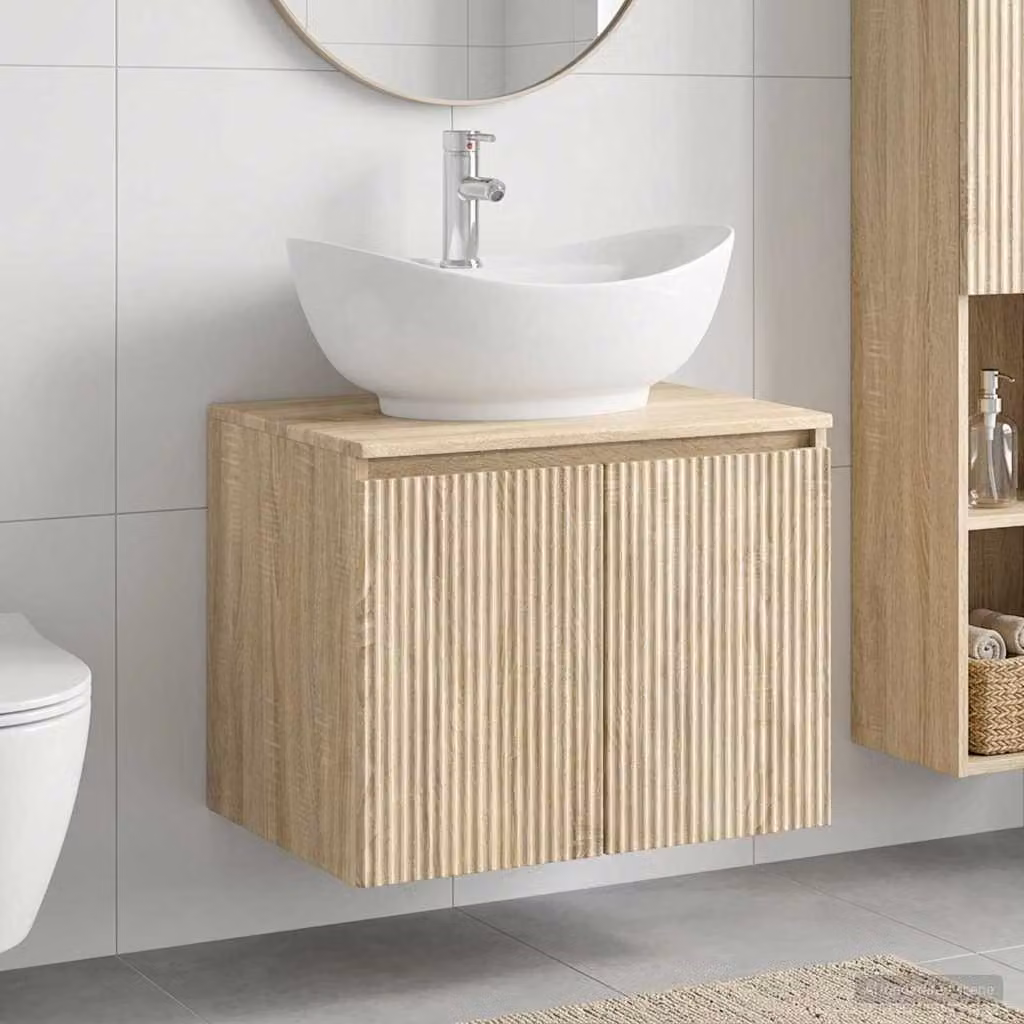 vidaXL Mobile Lavabo per il Bagno Moderno in Legno Ingegnerizzato, Colore Marrone e Beige, Appeso a Parete