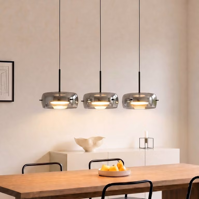 Lucande Lampada LED a sospensione Martis, nera, 3 luci, step-dim Martis Lucande, dimmerabile, Nero, Soggiorno / Sala da pranzo, Vetro, Moderno