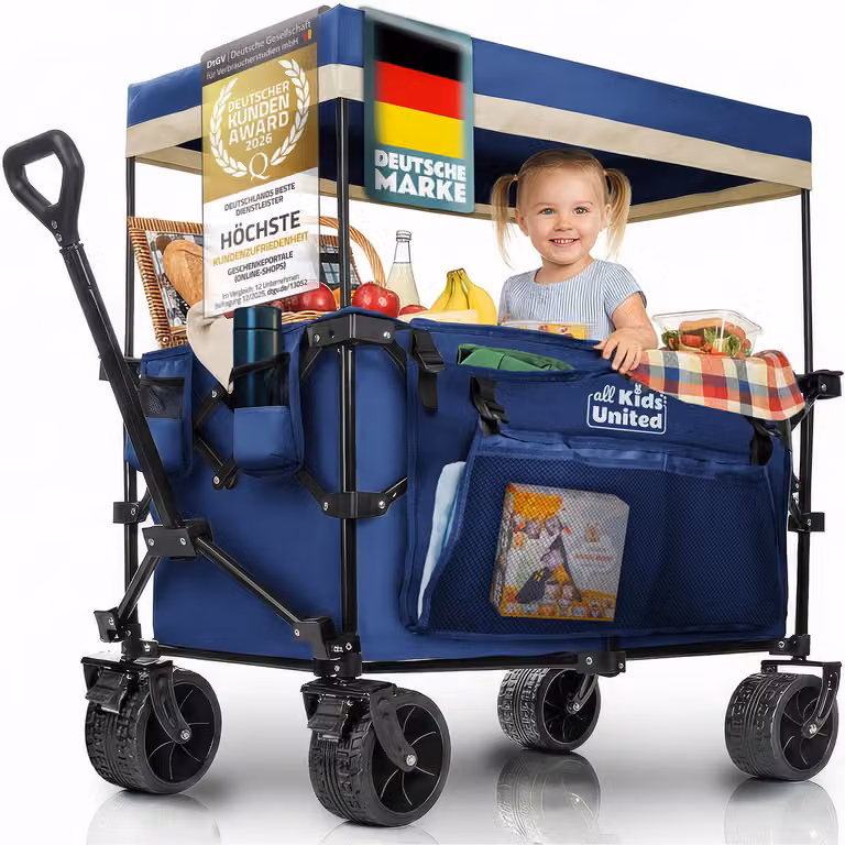 Carrello pieghevole per bambini Kids United, colore blu, con tenda parasole, portata massima di 150 kg, struttura in acciaio, portabevande, dimensioni 91x91x57 cm