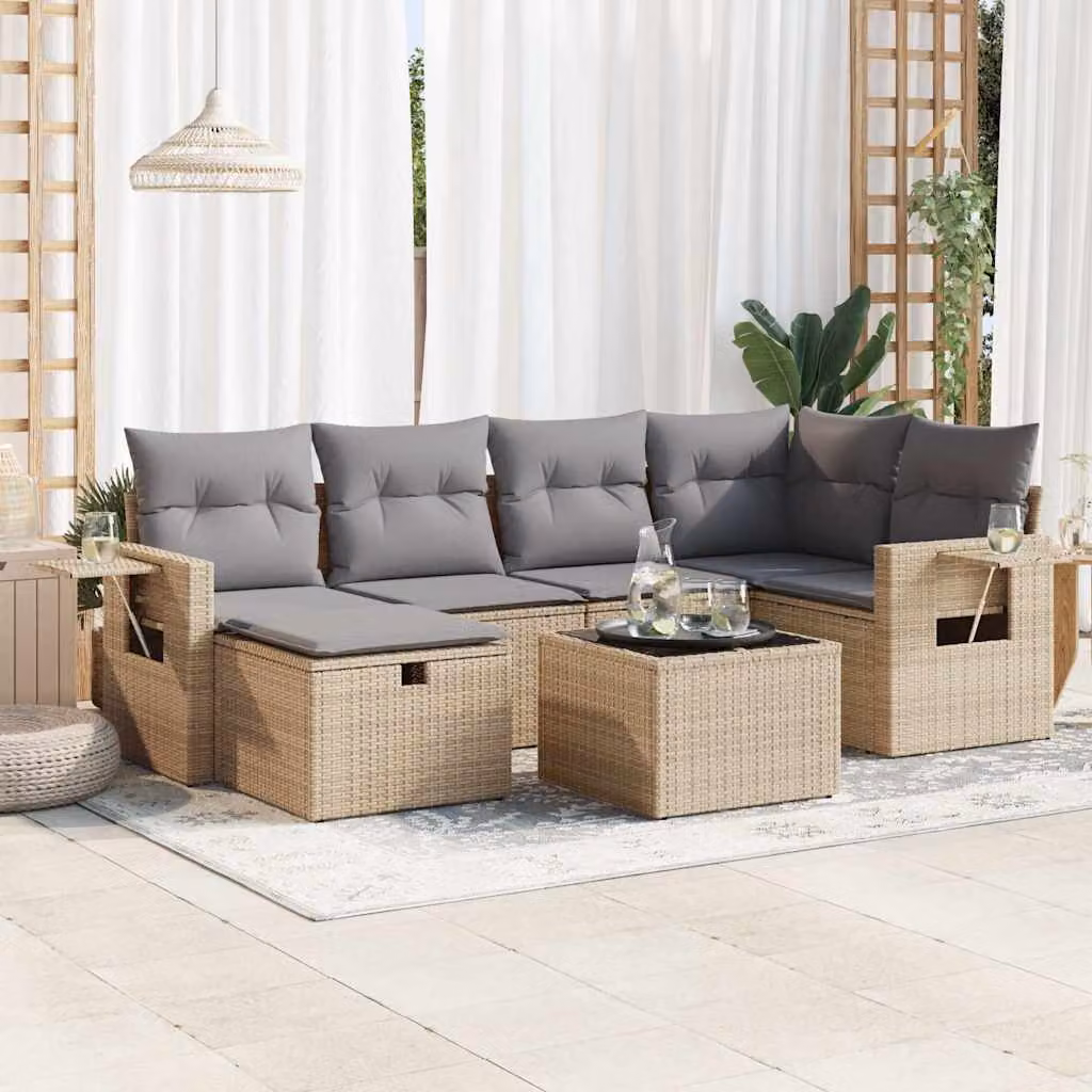 Set da giardino vidaXL in polyrattan 7 pezzi con cuscini beige e struttura in metallo per esterno