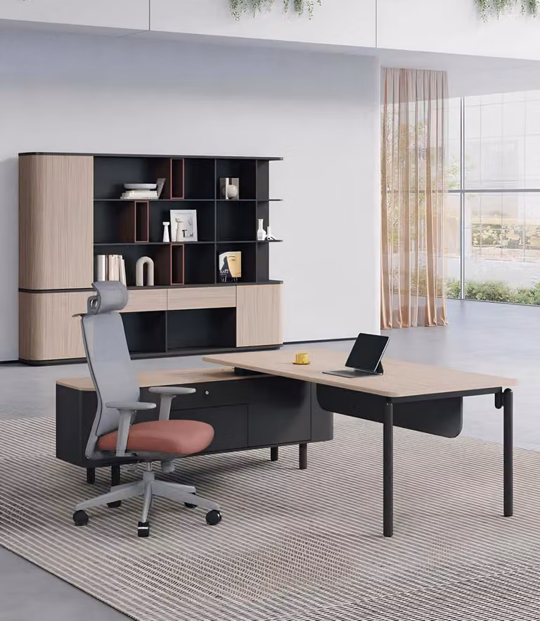 Set da ufficio elegante e moderno: scrivania robusta in legno e libreria