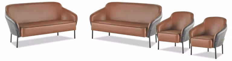 Sofa-Set Braun Schwarz Sofagarnitur 2-Sitzer Sessel Leder Edelstahl Holz