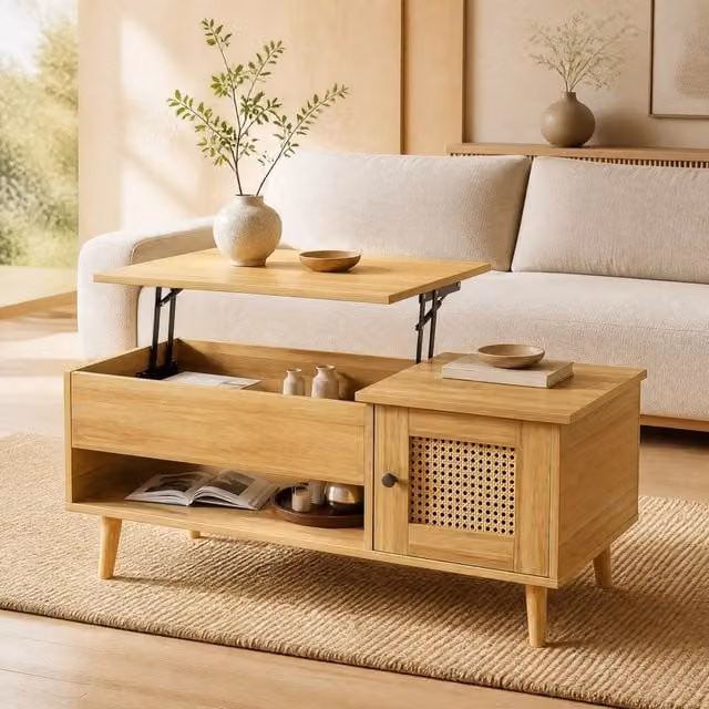 Tavolino da salotto ULEVR 103x50 cm con piano sollevabile e ante effetto rattan, legno e nero