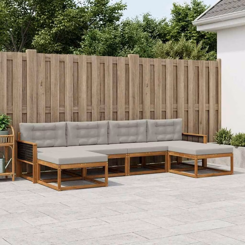 Set di divani da esterno vidaXL a forma di L composto da 6 pezzi in legno di acacia con cuscini beige e grigi per giardino e terrazza