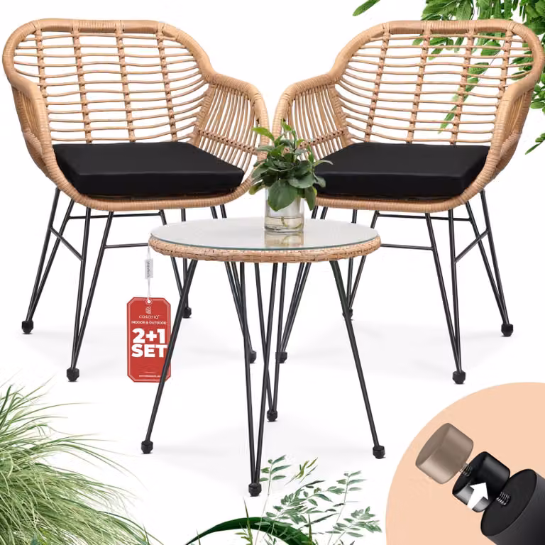 Set da giardino - 3 pezzi - Aspetto in rattan - Naturale e nero - Altezza regolabile - Per terrazzo e balcone