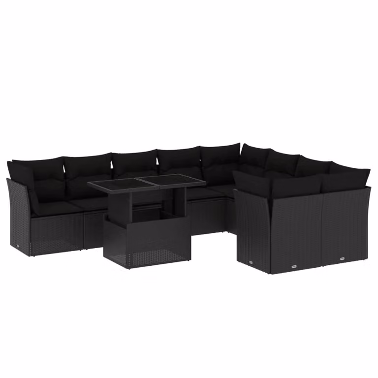 Set Divani da Giardino 10pz con Cuscini in Polyrattan Nero