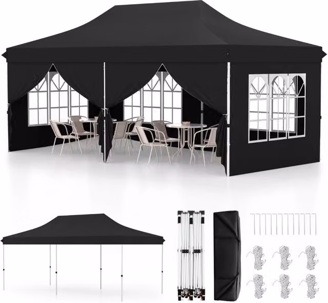 Tenda a scomparsa 3x6m con 6 pareti laterali rimovibili borsa da trasporto, Tenda gazebo pieghevole per feste Nero