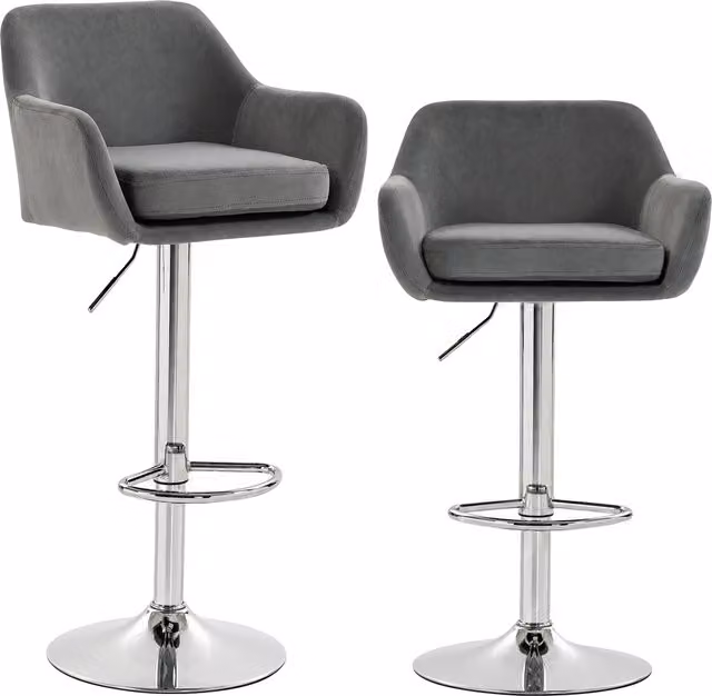 Set di 2 sgabelli da bar HOMCOM girevoli a 360 gradi in velluto grigio con altezza regolabile, schienale e poggiapiedi, base in metallo
