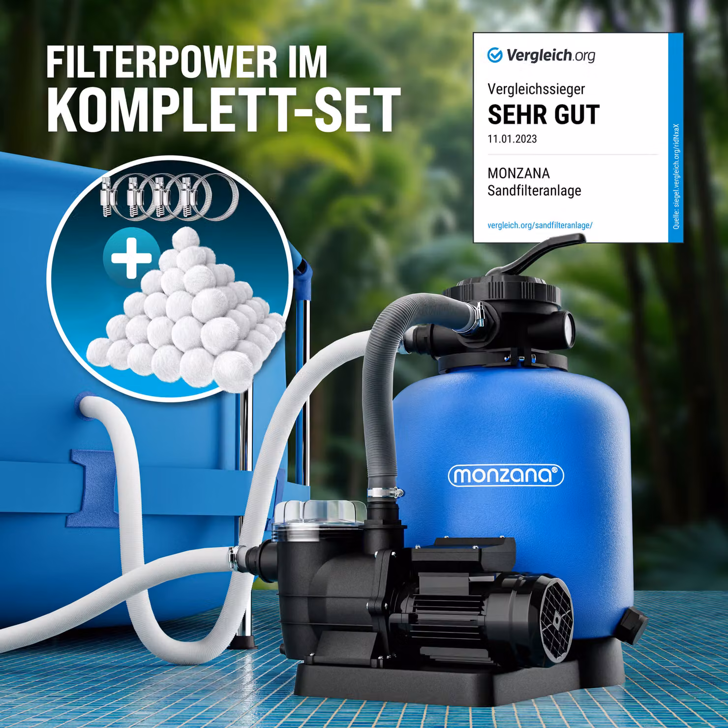 Pompa filtro a sabbia per piscine MONZANA con sfere filtranti, portata 13,2 m3/h, colori nero e blu – 2