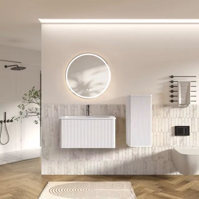 Set mobile bagno bianco con lavabo, specchio LED e colonna laterale