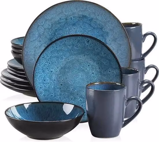 Set di servizio - Set di servizio vintage - 32 pezzi - Ceramica con tavola da pranzo/dolce - Con piatto da portata - Tazze da caffè - Pietra blu grigia