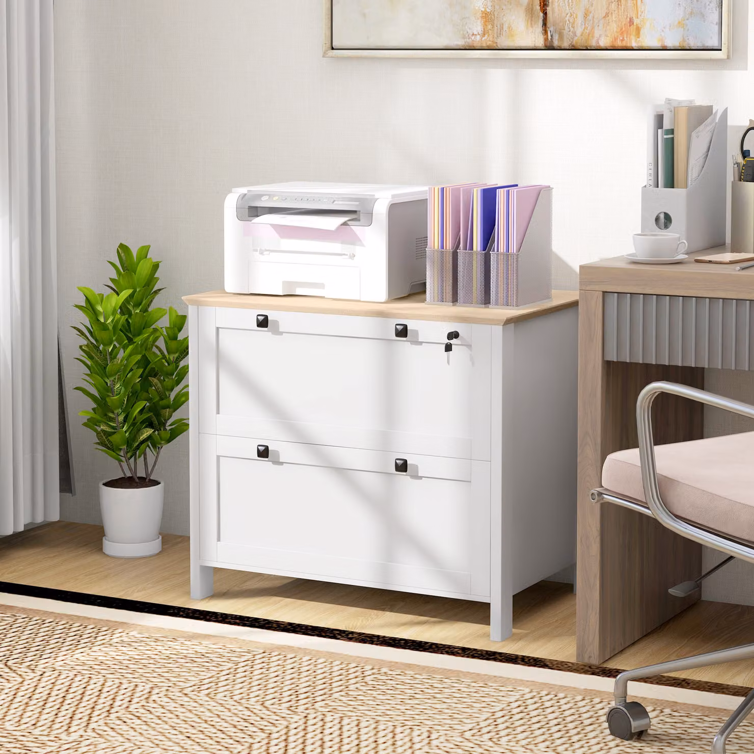 Armadietto Portadocumenti HOMCOM con 2 Cassetti per Cartelle A4, Serratura e Chiavi, Bianco, L 76 cm x P 40 cm x H 76 cm – 2