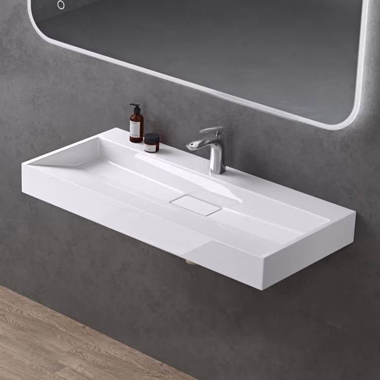 doporro Lavabo da Appoggio Bagno Sospeso Lavandino Rettangolare in Marmoresina con Piletta di Scarico Inclusa Colossum19, 100x46x11 cm Bianco Lucido Monoforo