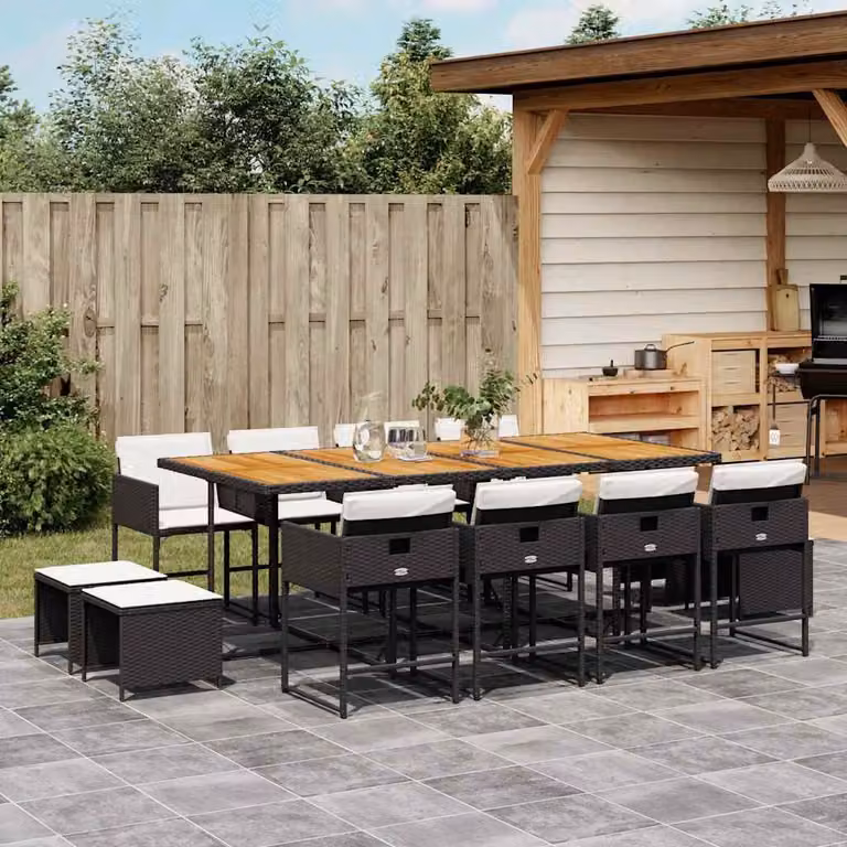 Set da Pranzo da Giardino vidaXL in Polyrattan Nero con Cuscini e Tavolo in Legno di Acacia 13pz