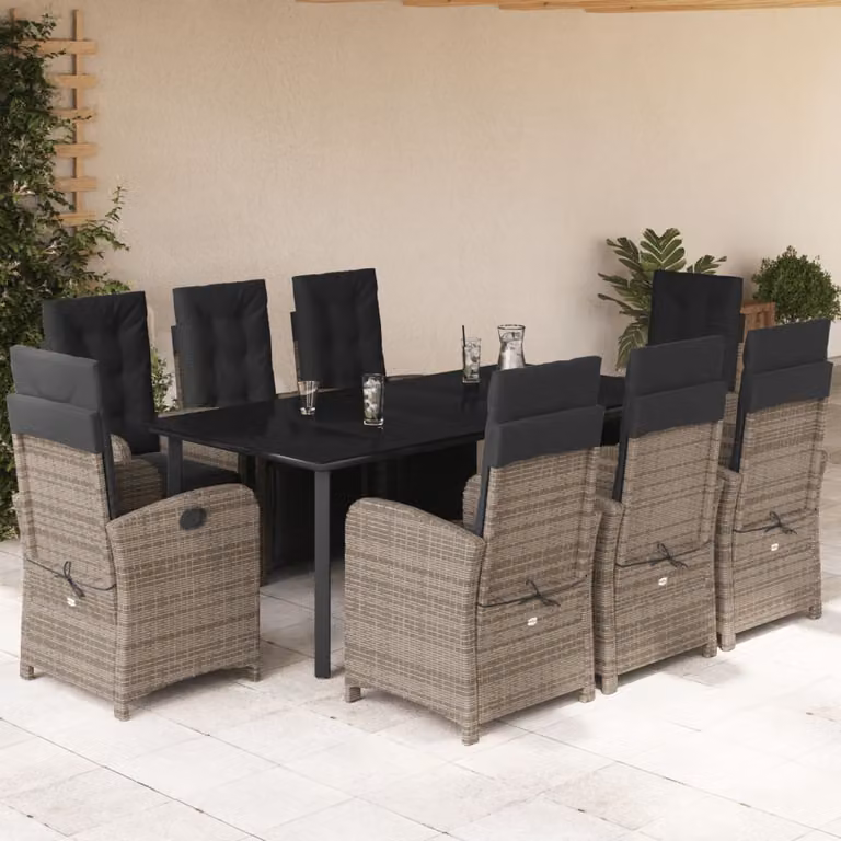 Set da Pranzo da Giardino vidaXL in Polyrattan Grigio e Nero con Cuscini e Tavolo in Vetro, 9 Pezzi