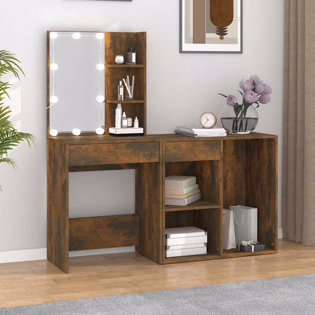 vidaXL Toeletta con LED e Armadietto in Legno MDF Colore Marrone L: 140 cm, P: 40 cm, H: 60 cm