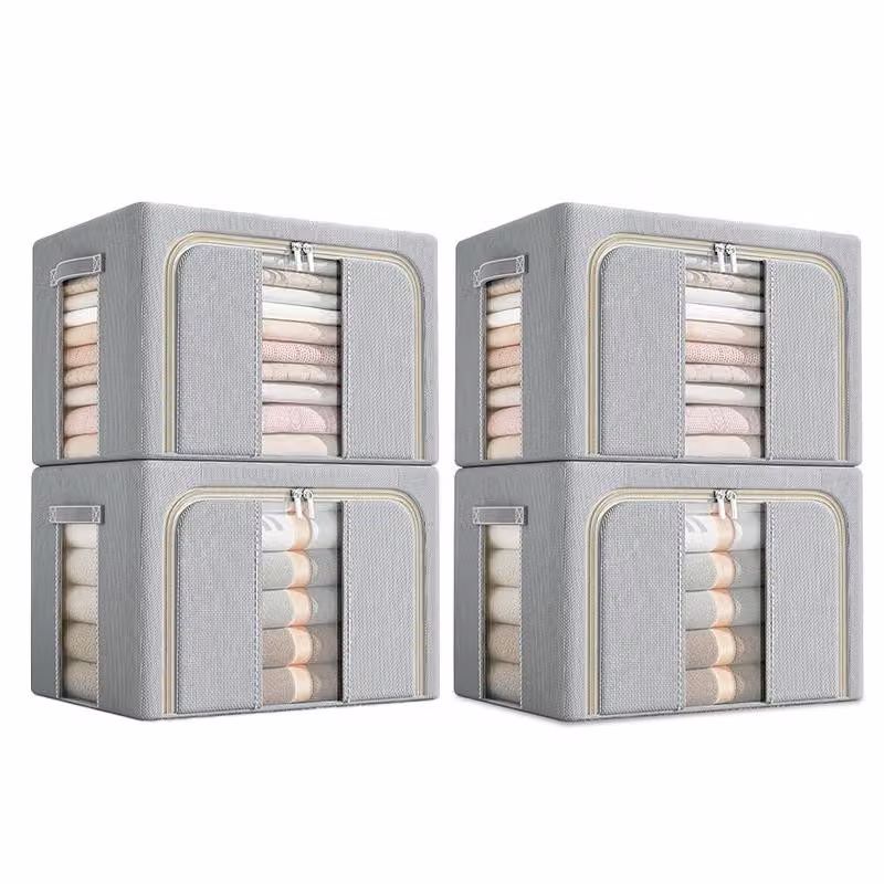 set di 4 scatole portaoggetti in tessuto Oxford, impermeabile, pieghevole, 100L, scomparti, per vestiti e guardaroba, con due finestre di visualizzazione, grigio chiaro