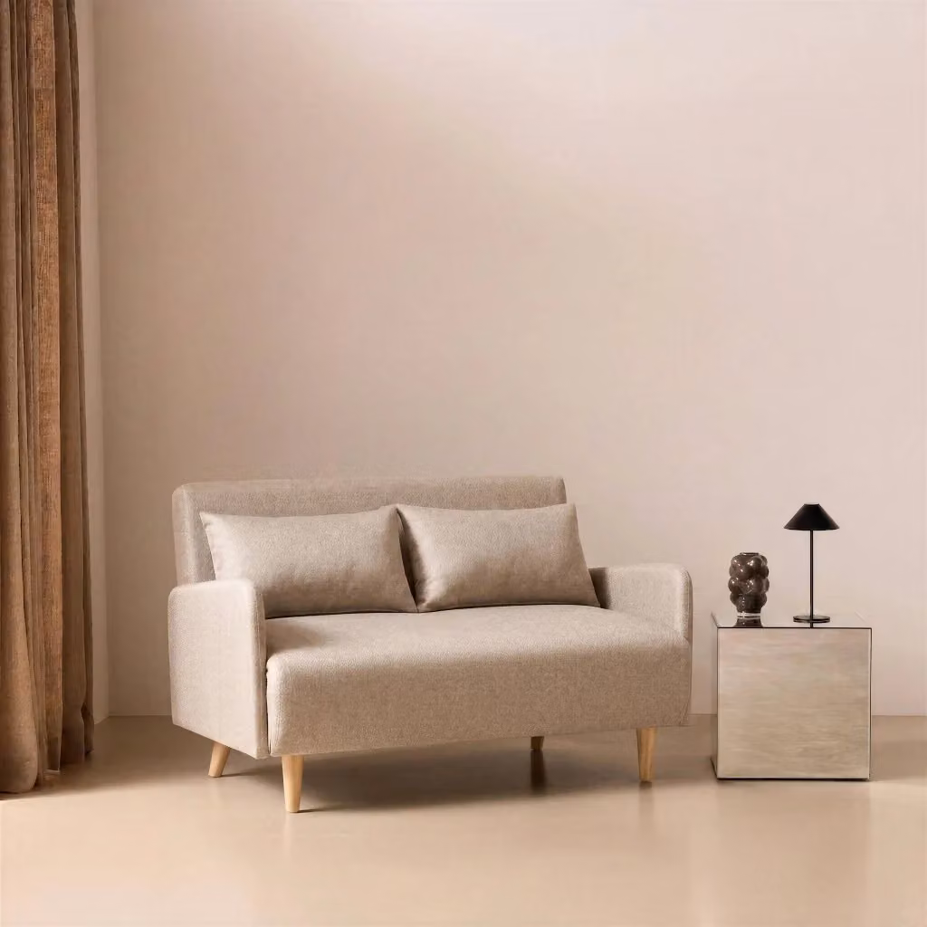 Divano letto clic-clac Sweeek in tessuto beige con gambe in legno e poggiatesta regolabile, 2 posti, L/P/H: 130 x 83 x 61 cm, superficie letto: 120 x 190 cm – 2