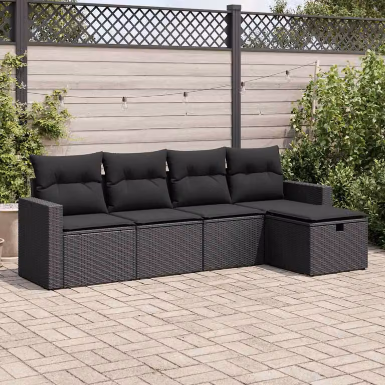 Set Divani da Giardino vidaXL 5 Pezzi in Polyrattan Nero con Cuscini e Pouf a Forma di L