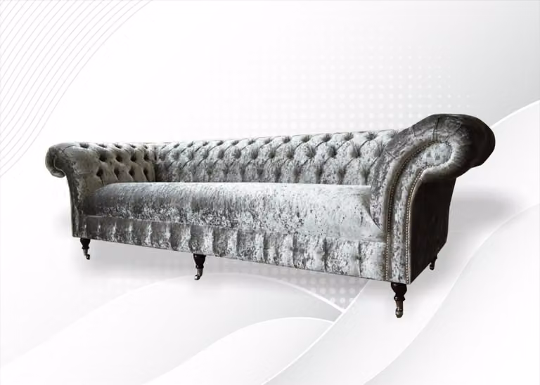 Chesterfield Polster Couch Stoff Couchen Sofa Sitz Garnitur Samt Silber 4 Sitz
