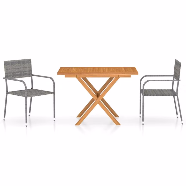 set da pranzo da giardino 3 pezzi in poly rattan e legno massiccio grigio acacia