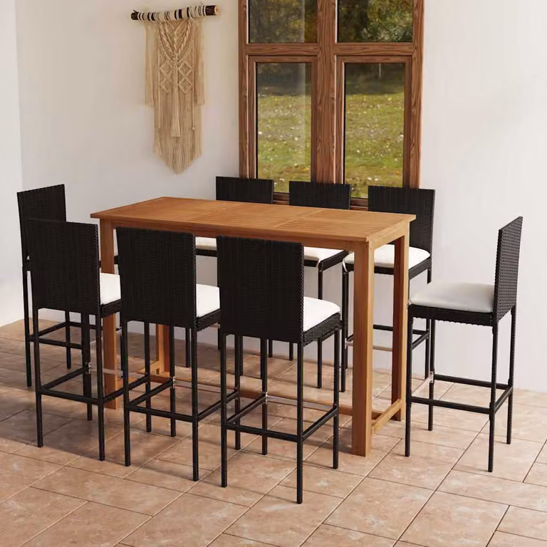 Set da Bar da Giardino vidaXL 9 pz in Polyrattan e Legno di Acacia con Cuscini Nero, Beige e Marrone