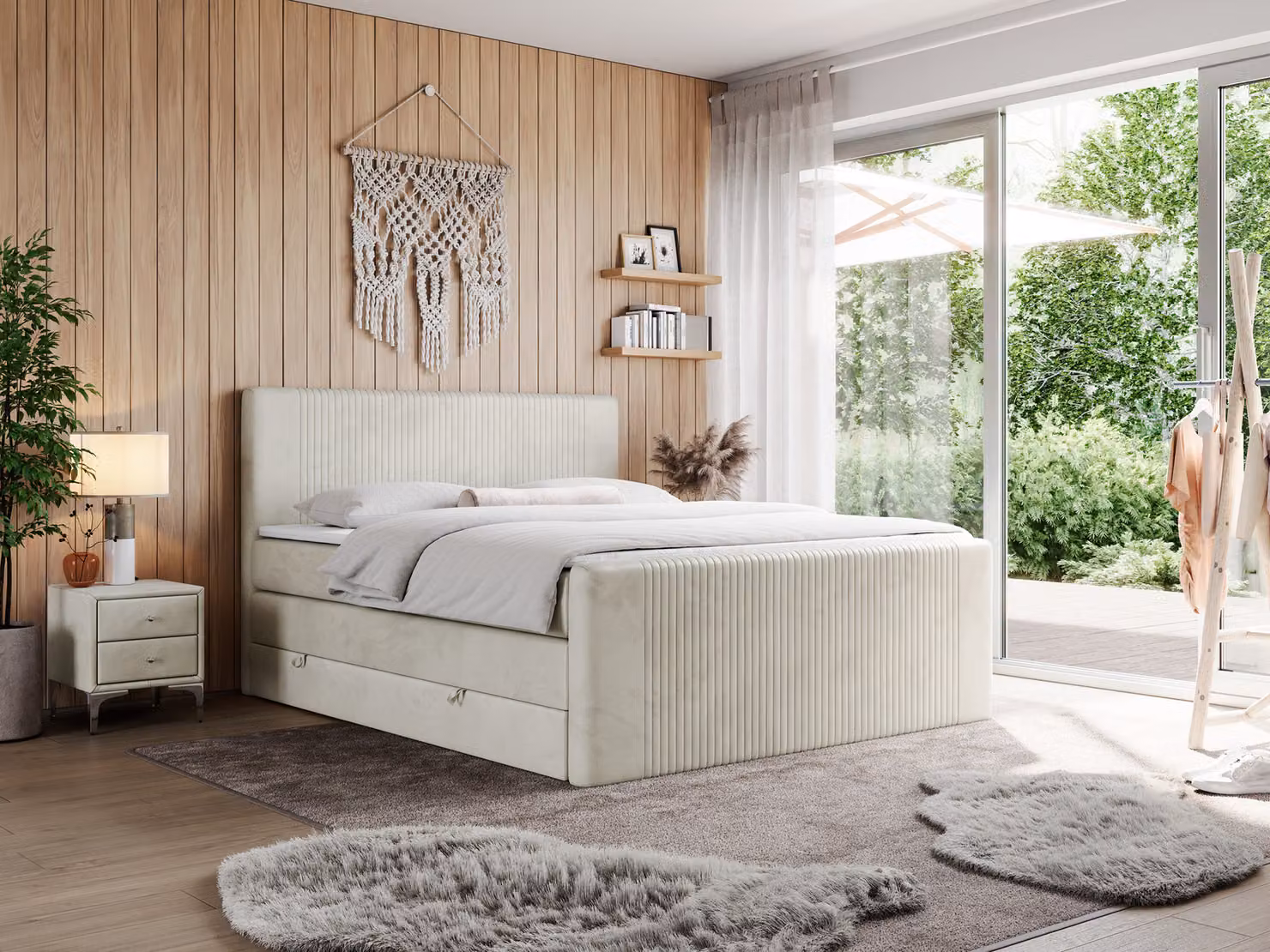 Letto boxspring matrimoniale con materasso a tasche multiple e due cassetti - KING DOREN - 120x200 cm - Beige - H3