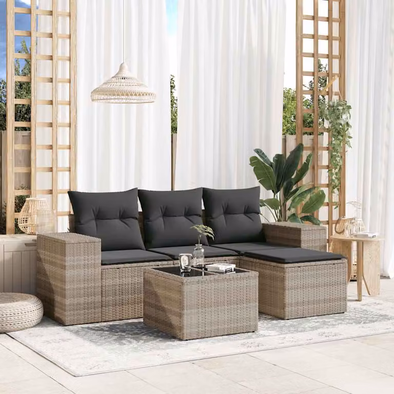 vidaXL Set Divano da Giardino a L 5pz in Polyrattan Grigio con Cuscini Imbottiti e Tavolino