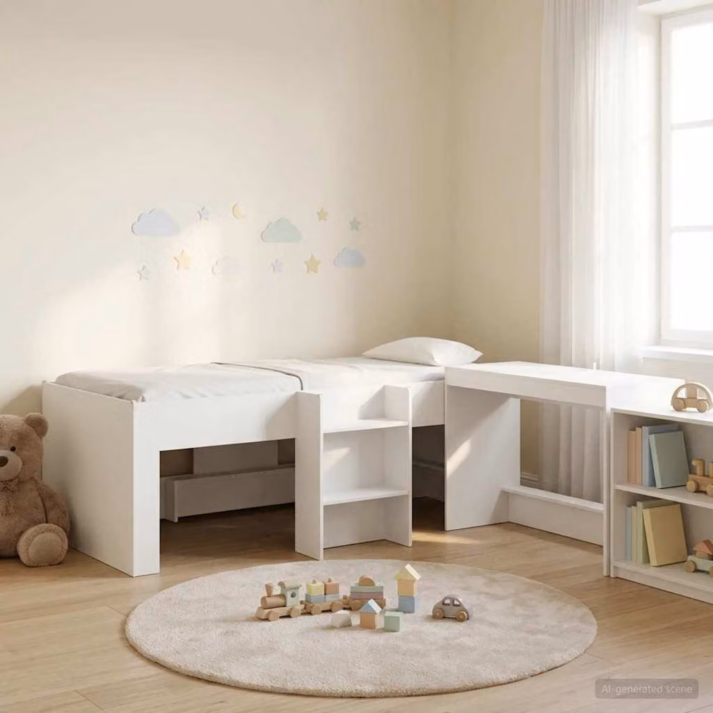 Letto alto singolo per bambini vidaXL con scrivania e scale, Bianco, L: 193 cm, P: 96 cm, H: 120 cm