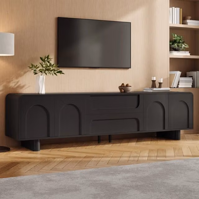 Mobile TV con 4 ante 2 cassetti passacavi e piedini regolabili in MDF e pannello truciolare nero 180 × 40 × 46 cm