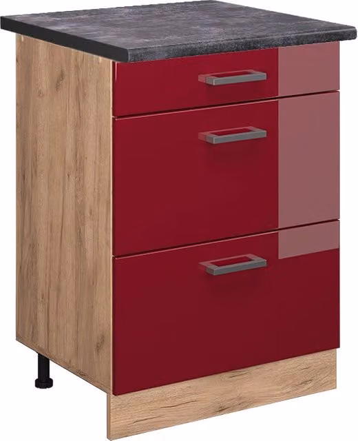 Mobiletto base per cucina R-Line Rosso lucido/Rovere dorato 60 cm con cassetti, PL Antracite Vicco