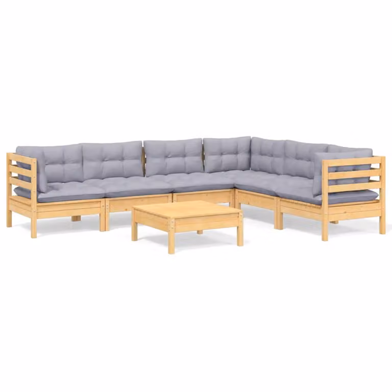 Set Divani da Giardino 7 pz con Cuscini Grigi Massello di Pino