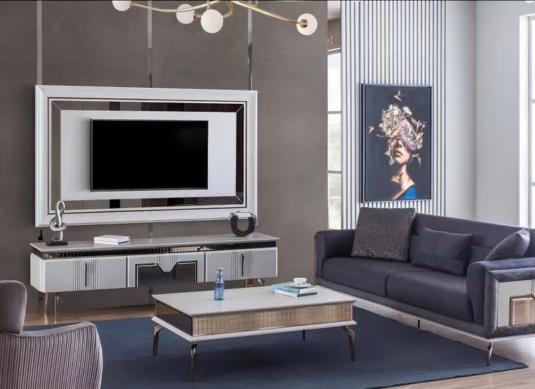 Designer Wohnzimmer Set 4tlg. Polstersofa TV Ständer Couchtisch Tische