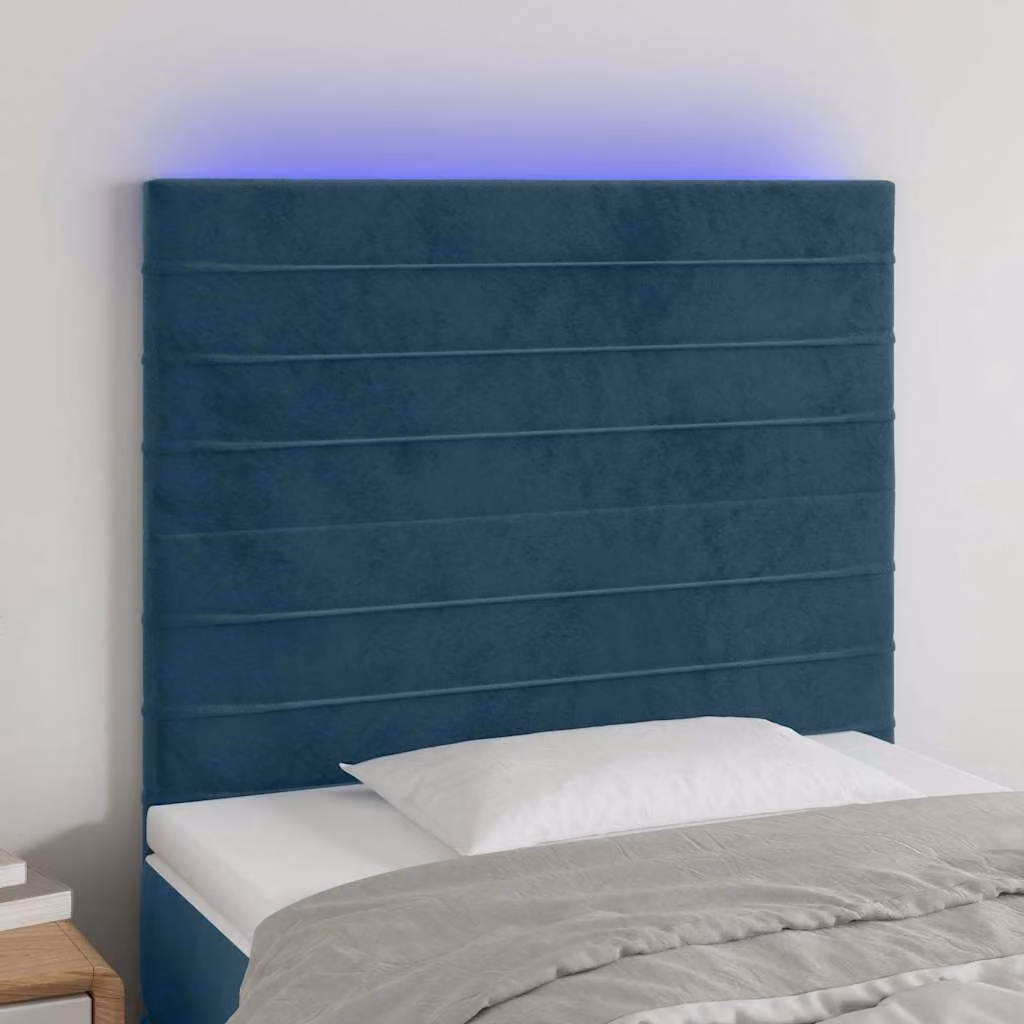 Testiera per letto vidaXL in velluto blu scuro con illuminazione LED e porta di ricarica USB, L: 80 cm, P: 5 cm, H: 118/128 cm