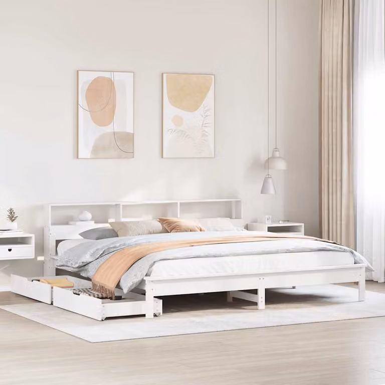 vidaXL Giroletto con Libreria e Cassetti in Legno di Pino Bianco, L/P/H: 180 x 200 x 220,5 cm