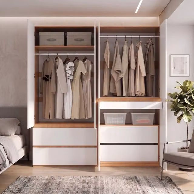 Armadio a 6 ante con 5 cassetti e 2 aste appendiabiti, bianco e rovere, per camera da letto, 180×50×200 cm