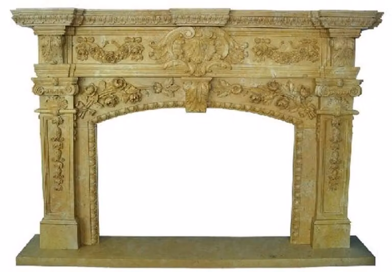 Casa Padrino: cornice barocca per camino giallo 200 x 40 x h. 150 cm - Cornice per camino realizzata artigianalmente in marmo di alta qualità - Accessori per la decorazione del camino - Mobili in marmo in stile barocco