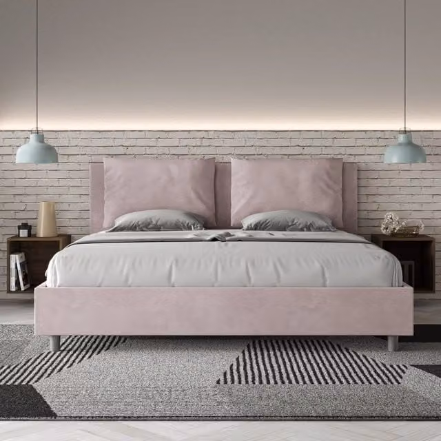 Letto matrimoniale king size con contenitore Antea imbottito in microfibra colore glicine L 170 cm x P 190 cm