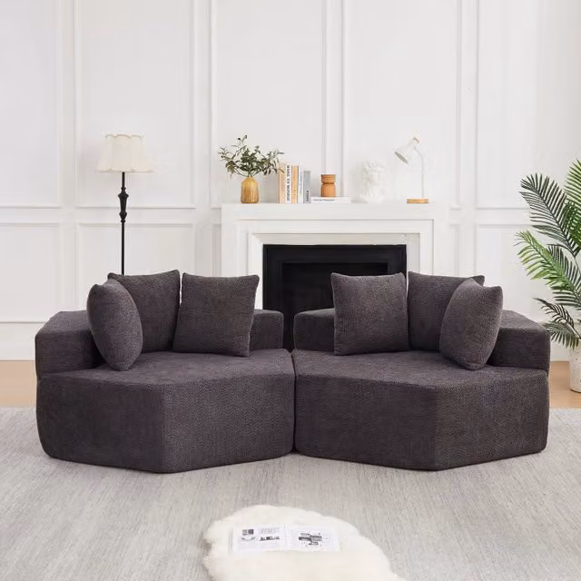 Poltrona lounge singola esagonale Mivray in tessuto grigio con imbottitura mista per soggiorno