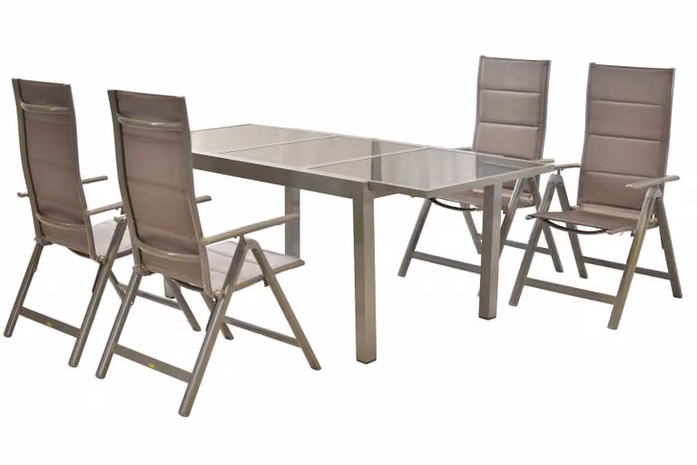 Set di mobili da giardino Merxx Taviano 5 pezzi, 4 poltrone pieghevoli, tavolo allungabile 160 (220) x 90 cm - alluminio/tessuto