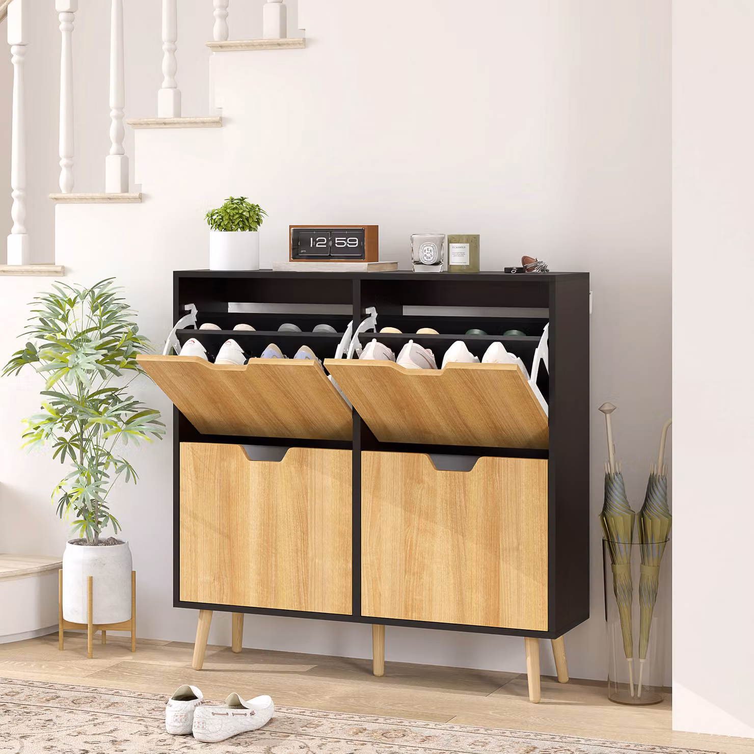 Mobile Portascarpe Stretto HOMCOM con 4 Cassetti Ribaltabili e Ripiani Regolabili per 16 Paia, Colore Naturale e Nero, L: 95 cm, P: 26 cm, H: 95 cm – 2