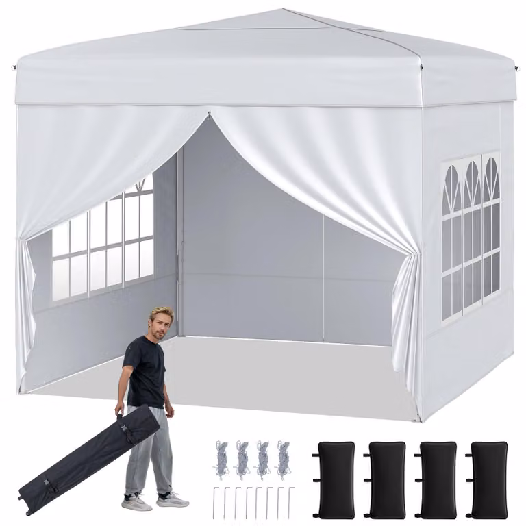 KOMFOTTEU, Gazebo pop-up 3x3 metri, gazebo da giardino pieghevole con pareti laterali removibili, struttura in metallo, finestre trasparenti, 4 sacchi di sabbia, borsa da trasporto, gazebo pieghevole per barbecue, picnic, campeggio (bianco)