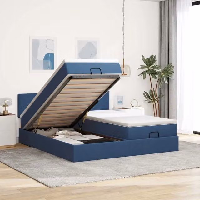 Letto con contenitore a sollevamento vidaXL in tessuto blu e bianco L: 200 cm, P: 200 cm, H: 280 cm – 1