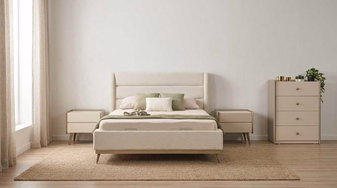 Set per camera da letto beige, moderno, con letto, comodini e cassetti