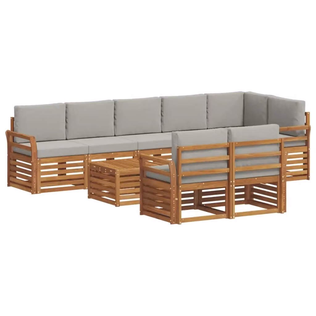 Set di divani da esterno vidaXL a forma di L con tavolo da caffè, 9 pezzi, in legno di acacia e tessuto grigio e marrone – 2