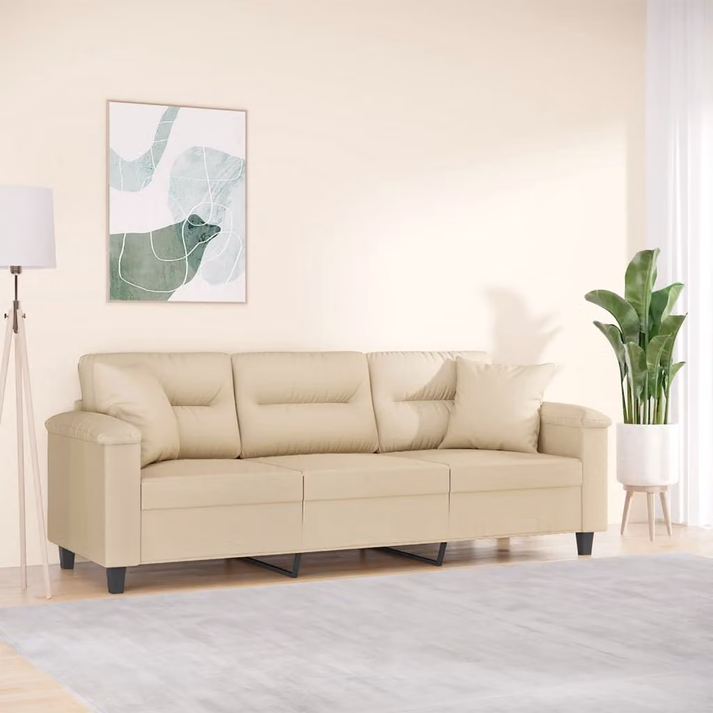 vidaXL Divano a 3 Posti Moderno in Microfibra Beige con Cuscini e Struttura in Metallo