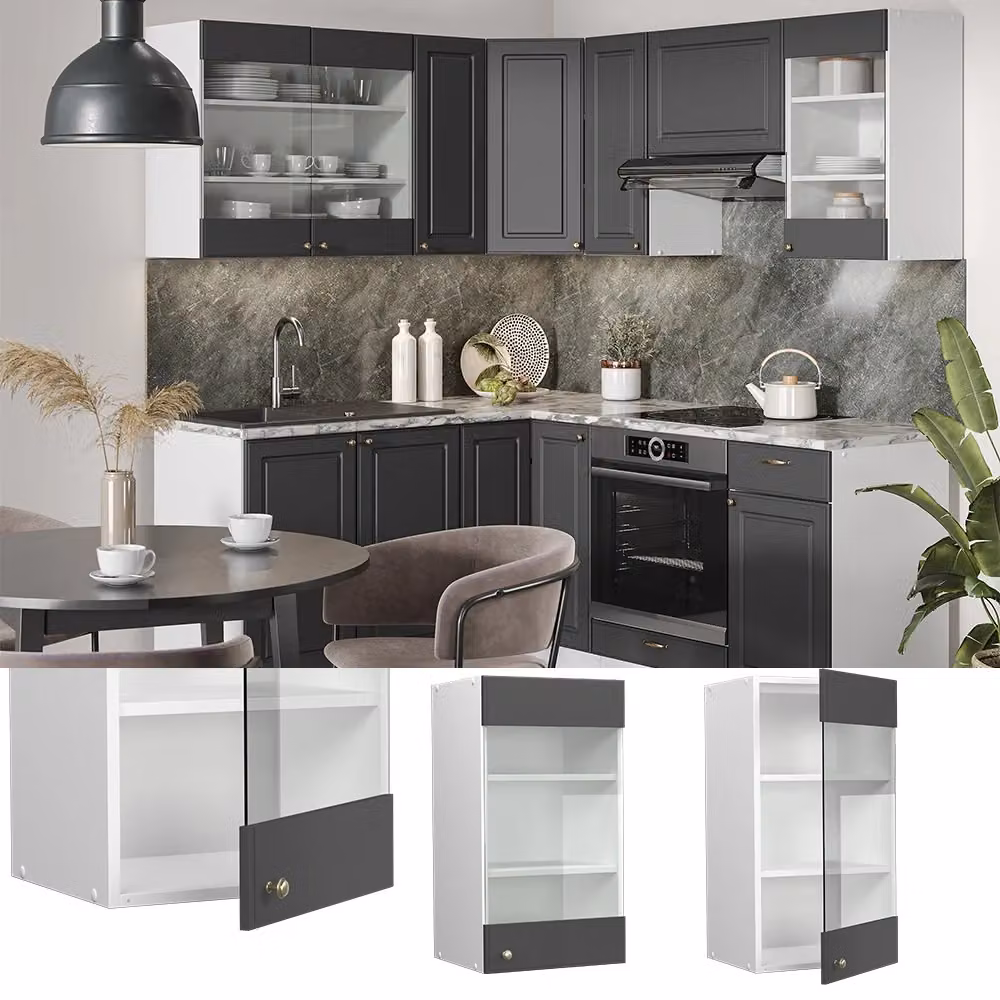 Mobile da cucina pensile Vicco Fame-Line con ante in vetro, Antracite-oro/Bianco, L: 40 cm – 2