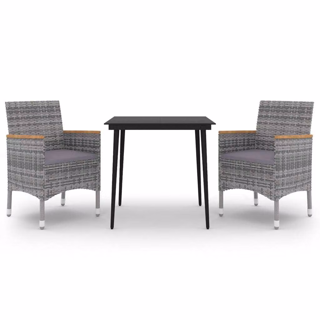 Set da Pranzo per Giardino 3 pz con Cuscini Polyrattan e Vetro